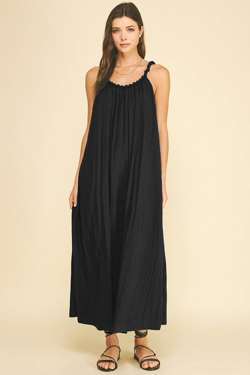 Beaded Neckline Solid Maxi Dress Black