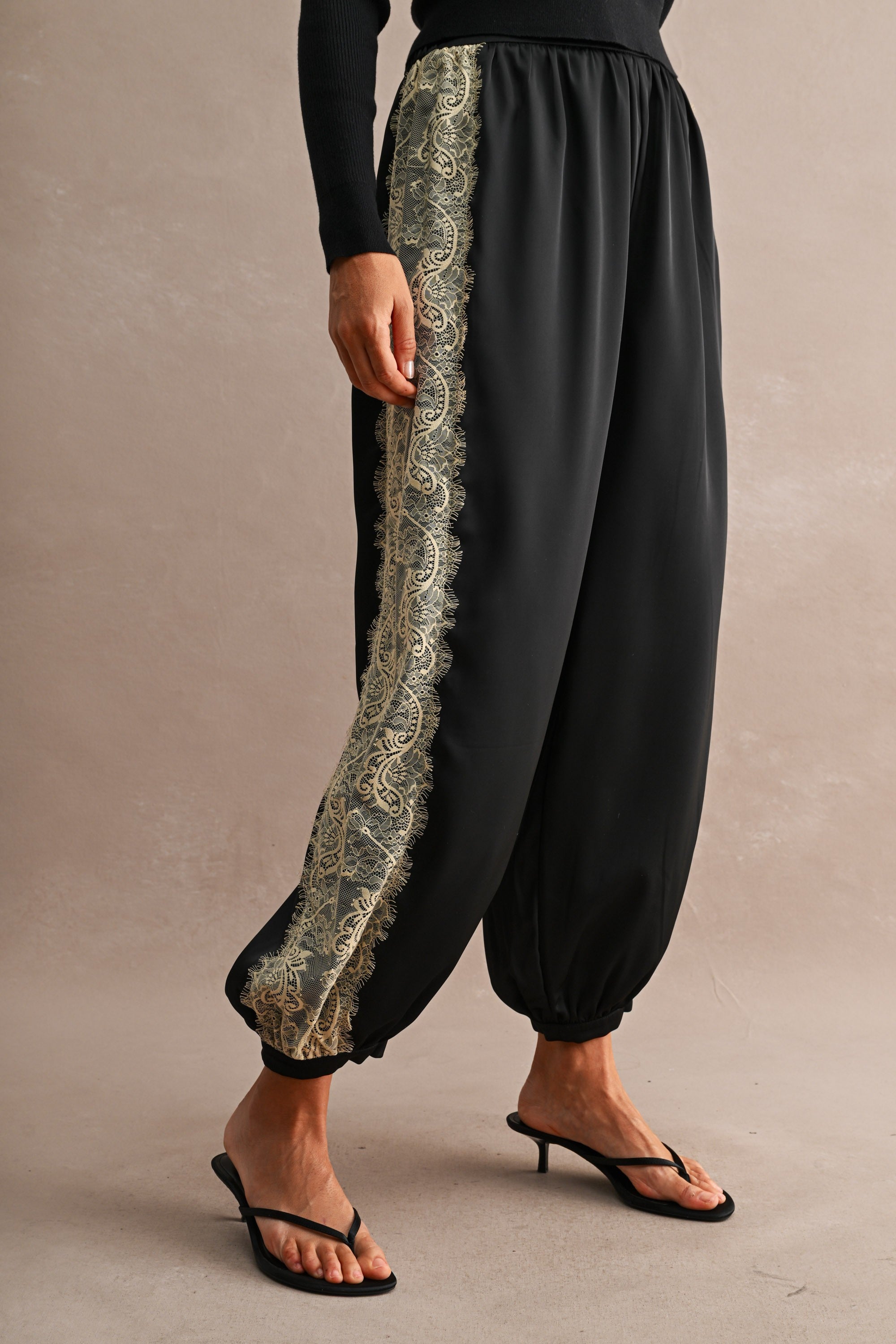 High Waisted Lace Trim Satin Balloon Pants Black