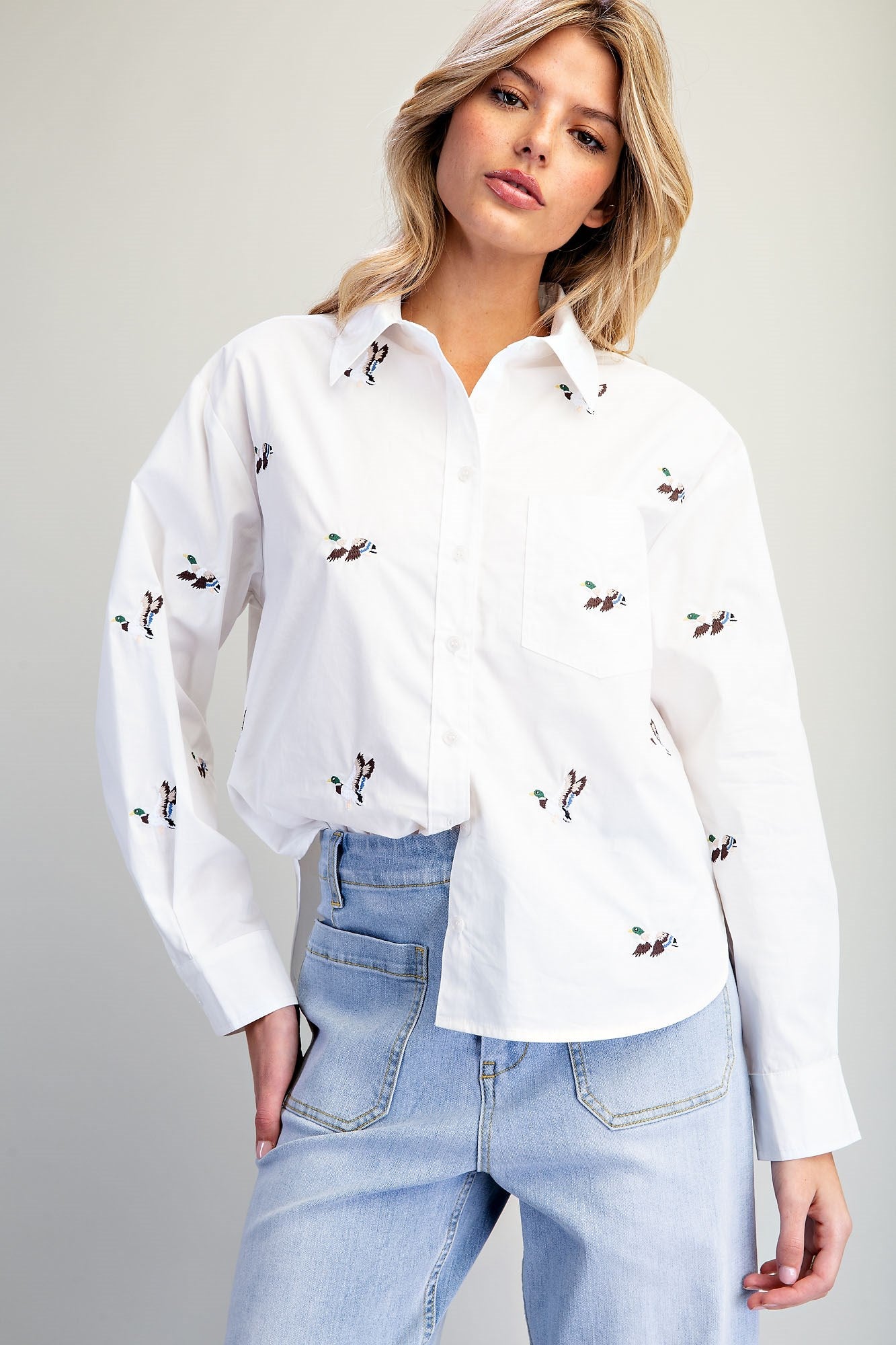 Embroidered Duck Button Down Shirt Off White