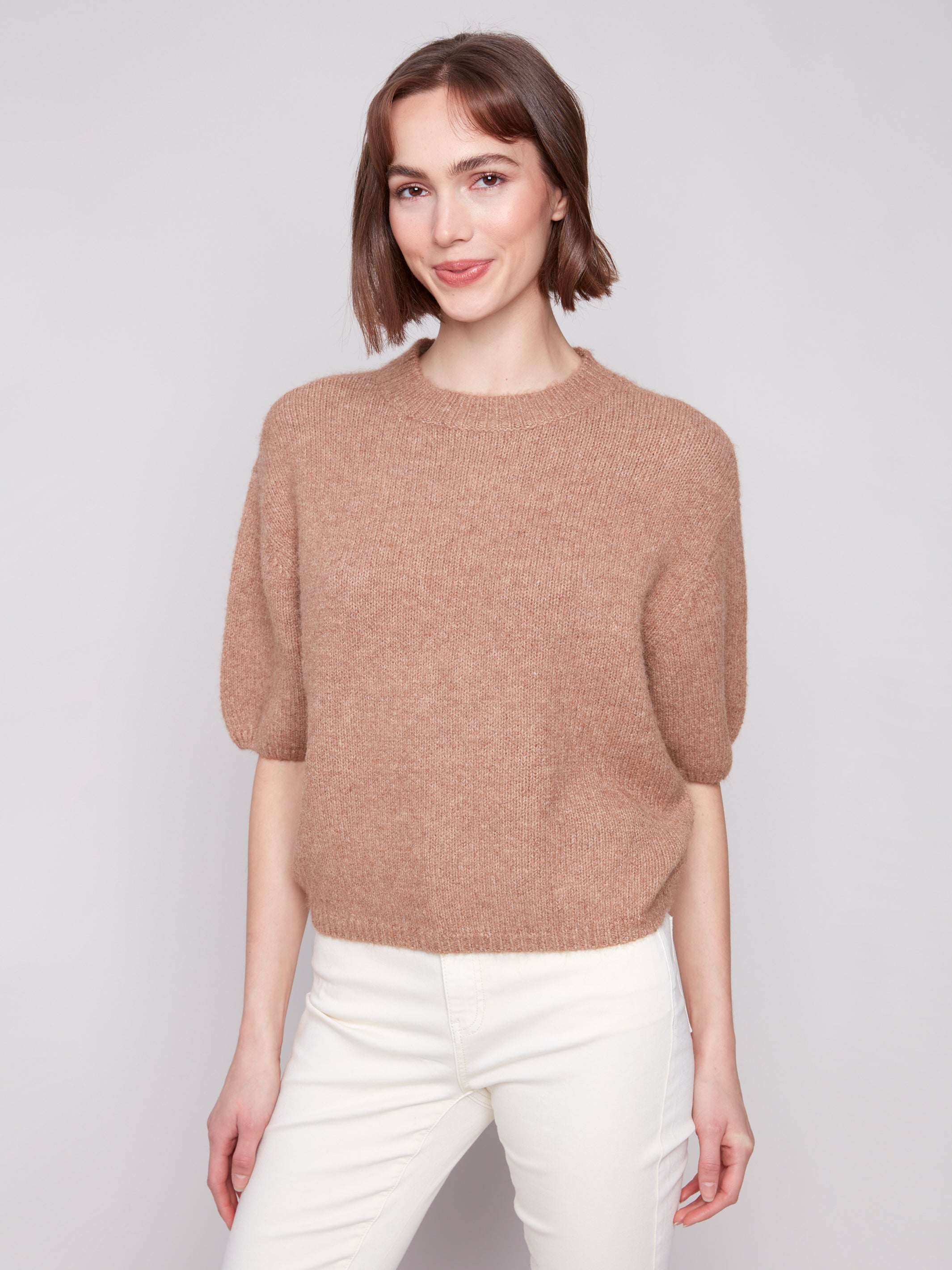 Solid Elbow Sleeve Balloon Shape Sweater Sesame