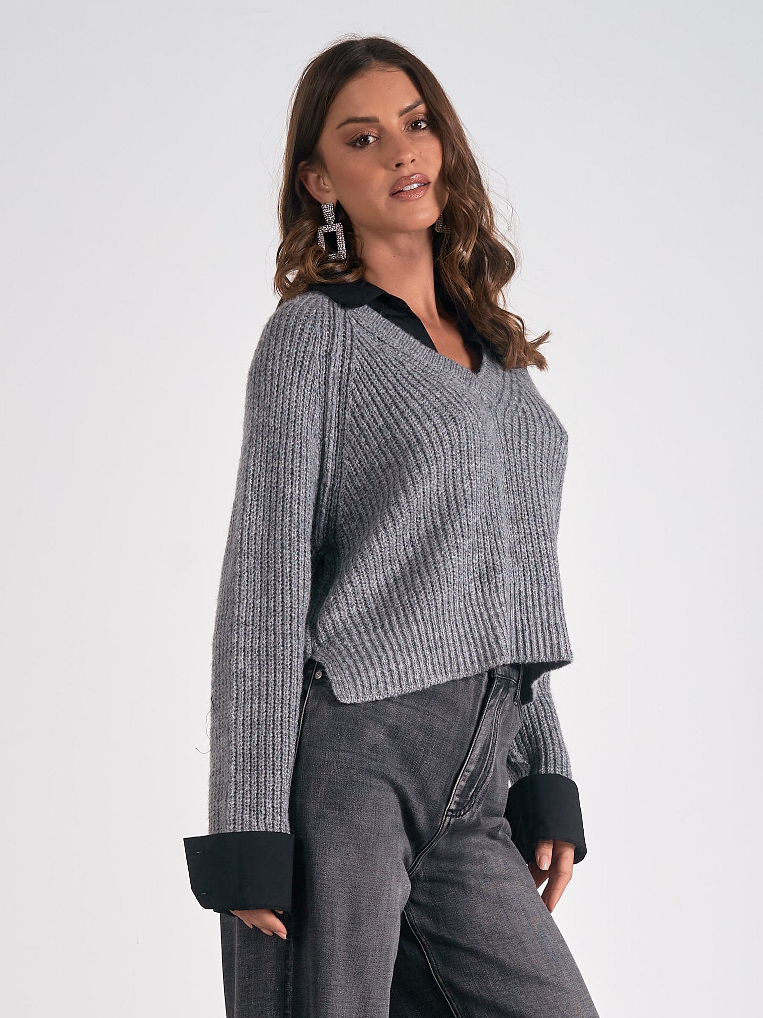 Cropped Sweater Two Fer Collar Top Grey + Black