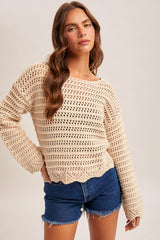 Wide Sleeve Boat Neck Scallop Hem Open Knit Sweater Ecru