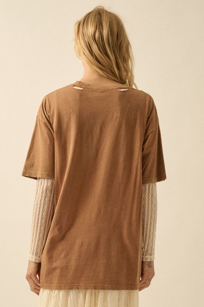 Distressed Mineral Washed Doves and Flowers Graphic Tee Toffee
