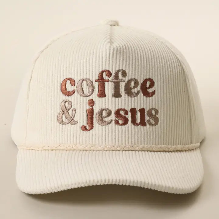 Coffee & Jesus Embroidered Corduroy Trucker Hat