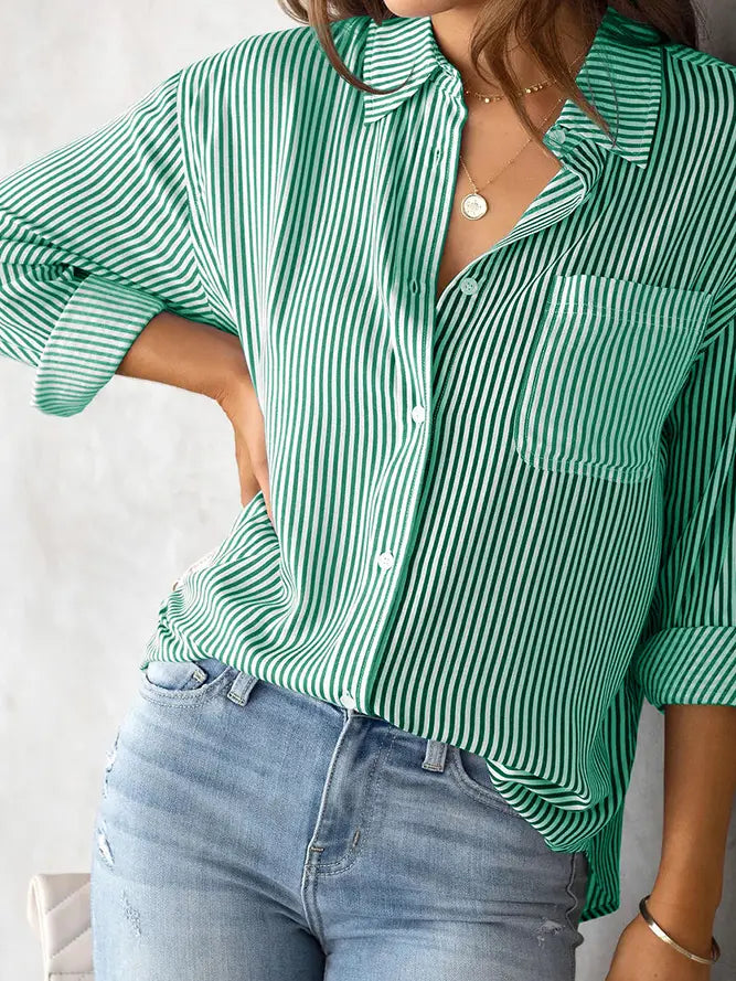 Striped Button Up Single Pocket Shirt Green