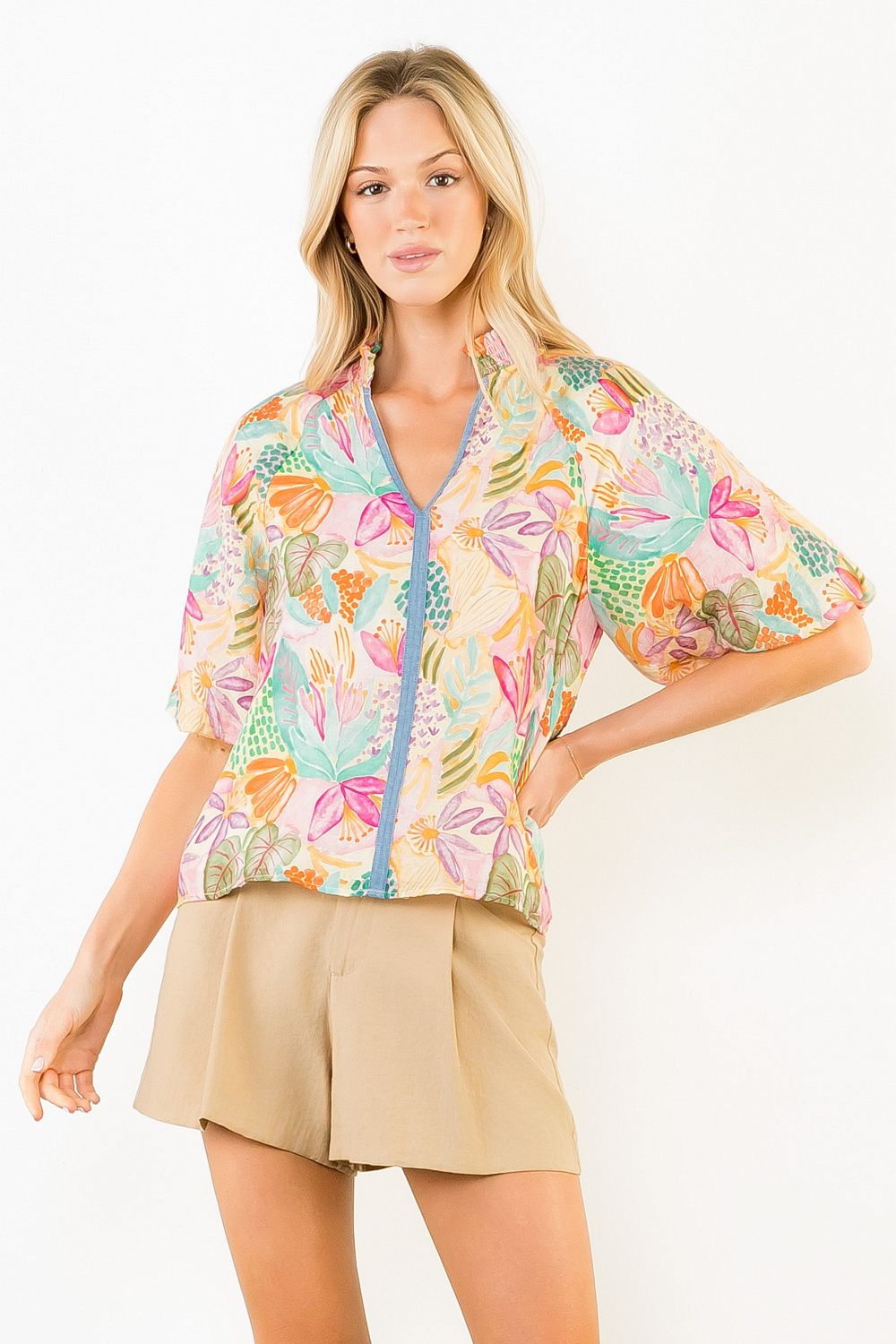 Watercolor Tropics Puff Sleeve Top Pink