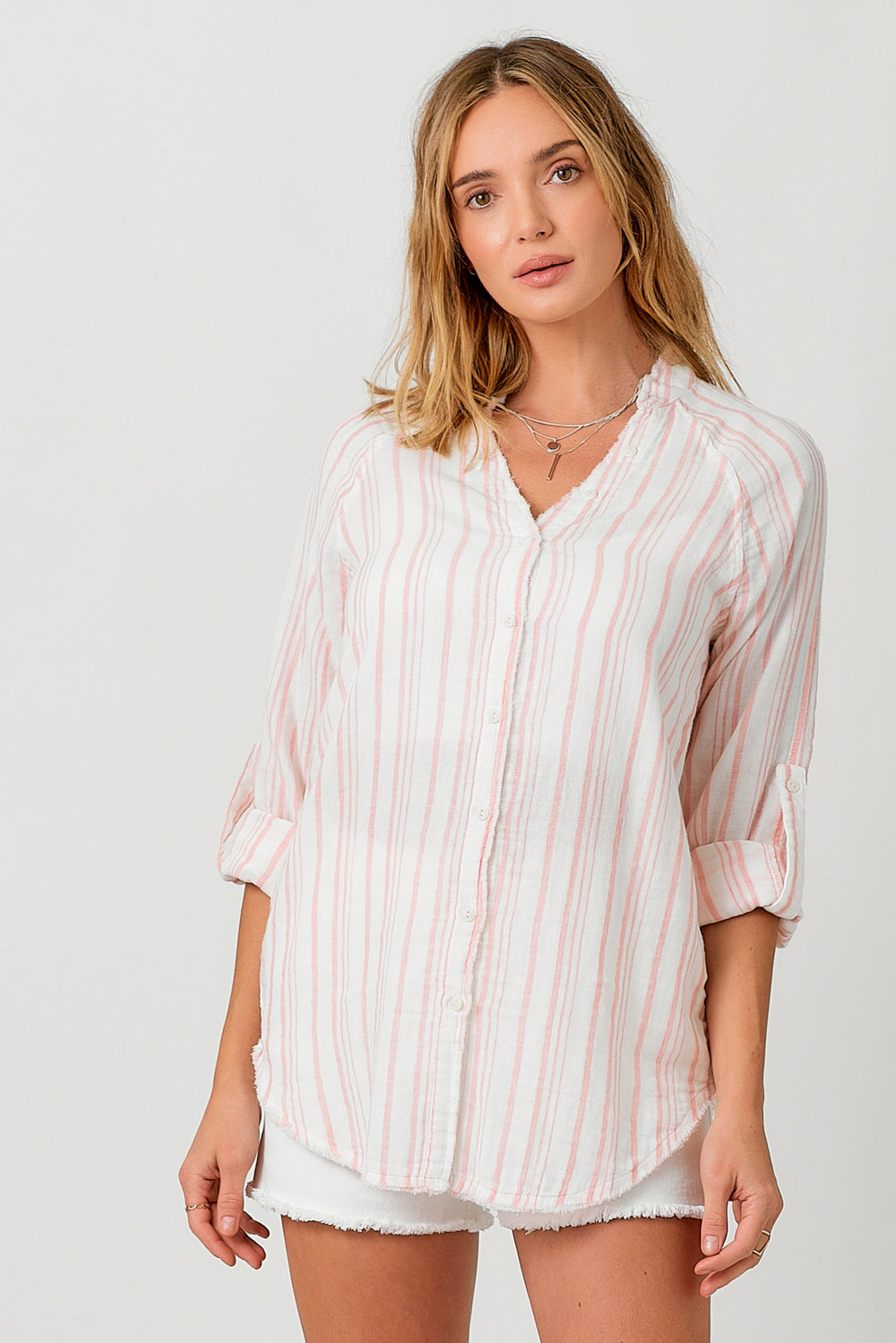 Fray Hem Button Down Shirt Blush Stripe