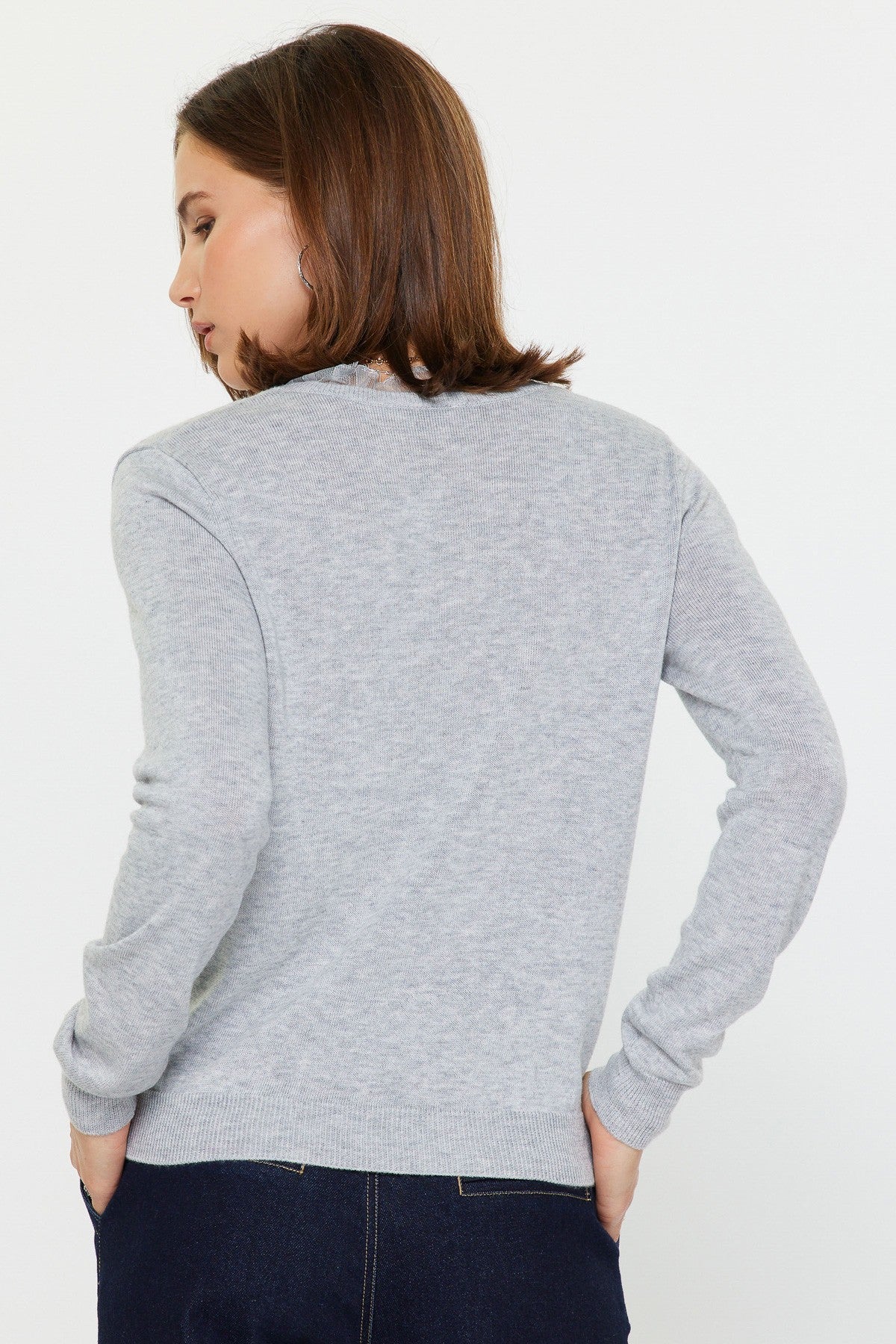 Lace Insert Vneck Heather Grey