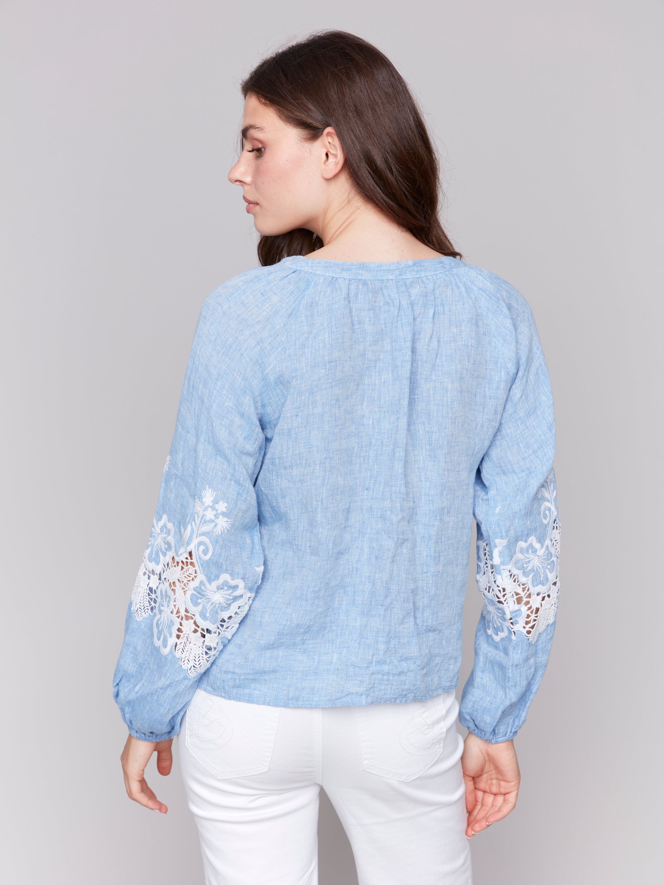 Lace Detail Raglan Sleeve Button Down Blouse Chambray