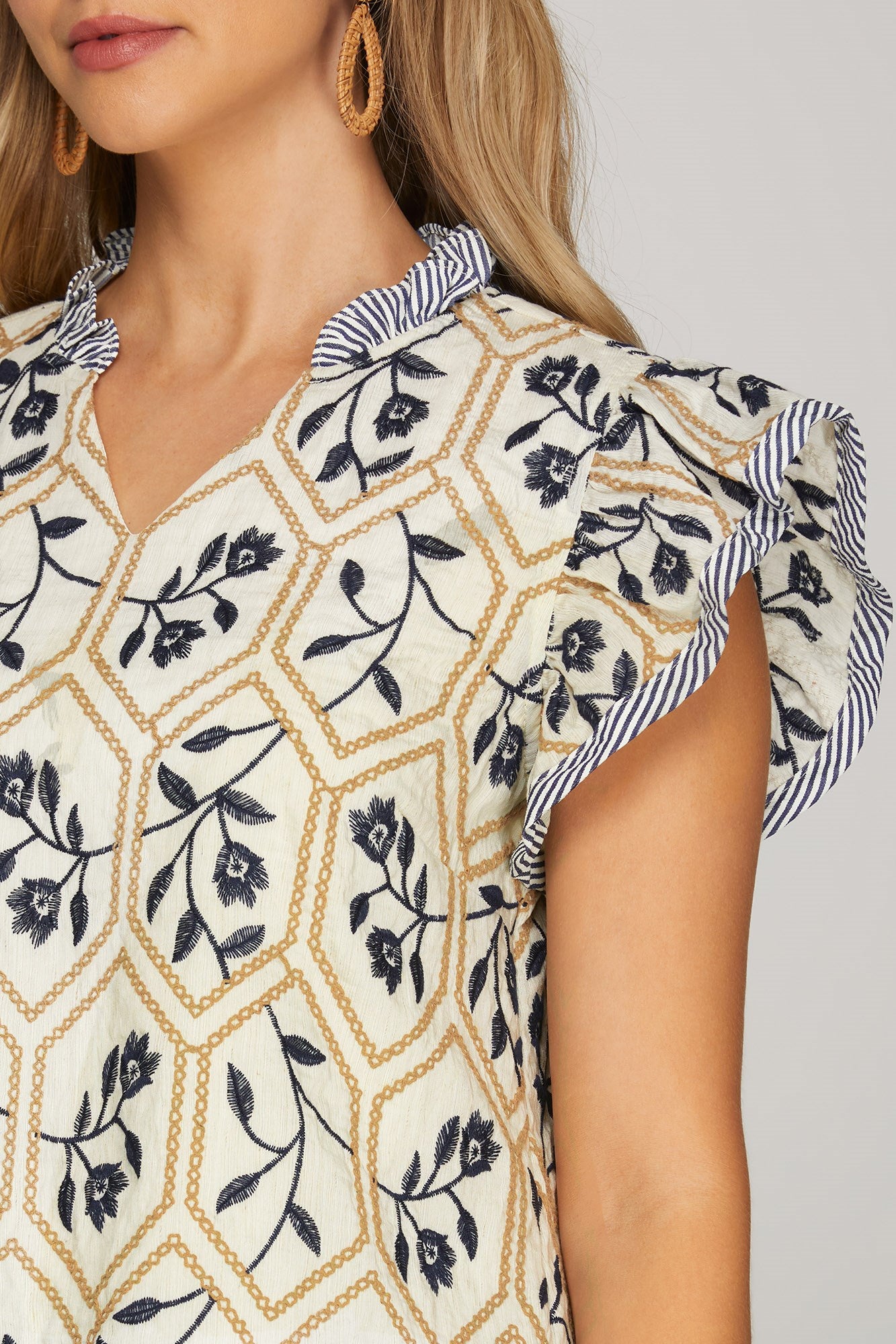 Flutter Sleeve Embroidered Floral Diamonds Top Navy