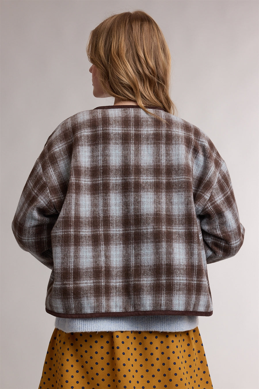 Contrast Trim Plaid Jacket Light Blue Combo