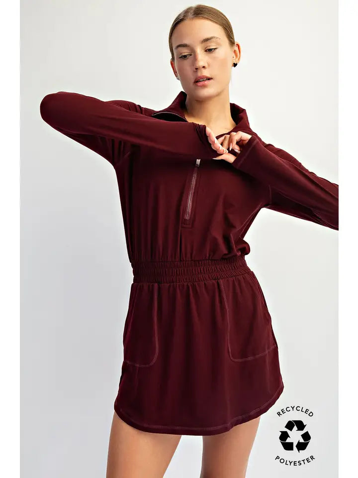 Butter Soft Quarter Zip Skirt Romper Dark Cherry