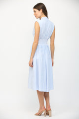Vertical Striped Front Zip Midi Dress Blue + White