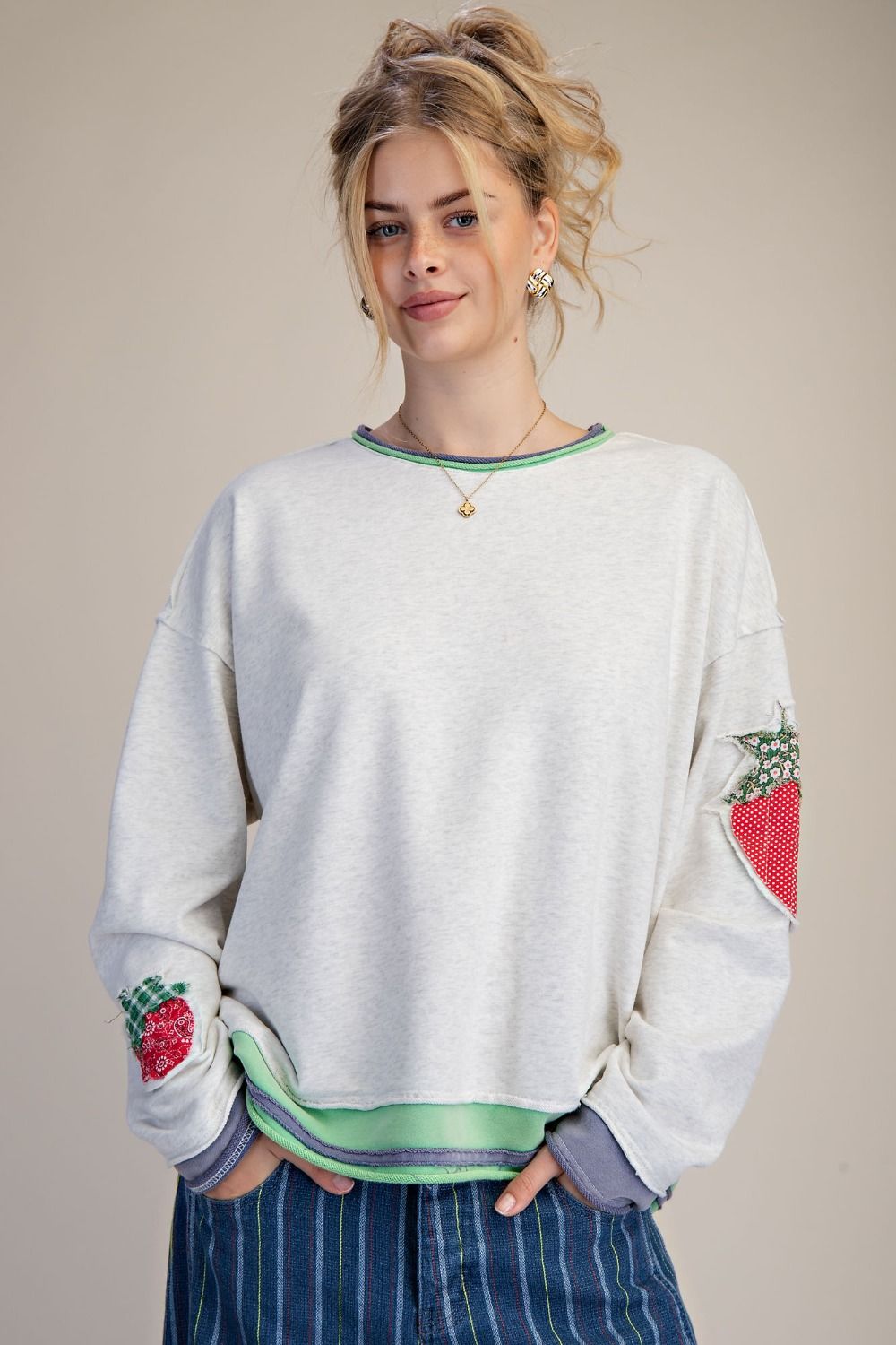 Strawberry Patch Washed Terry Pullover Light Heather Grey