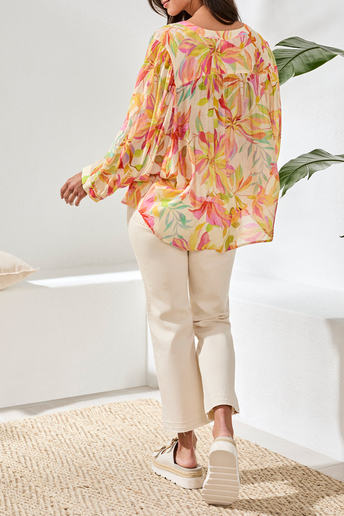 Printed Dolman Sleeve Button Down Blouse Rose Silk