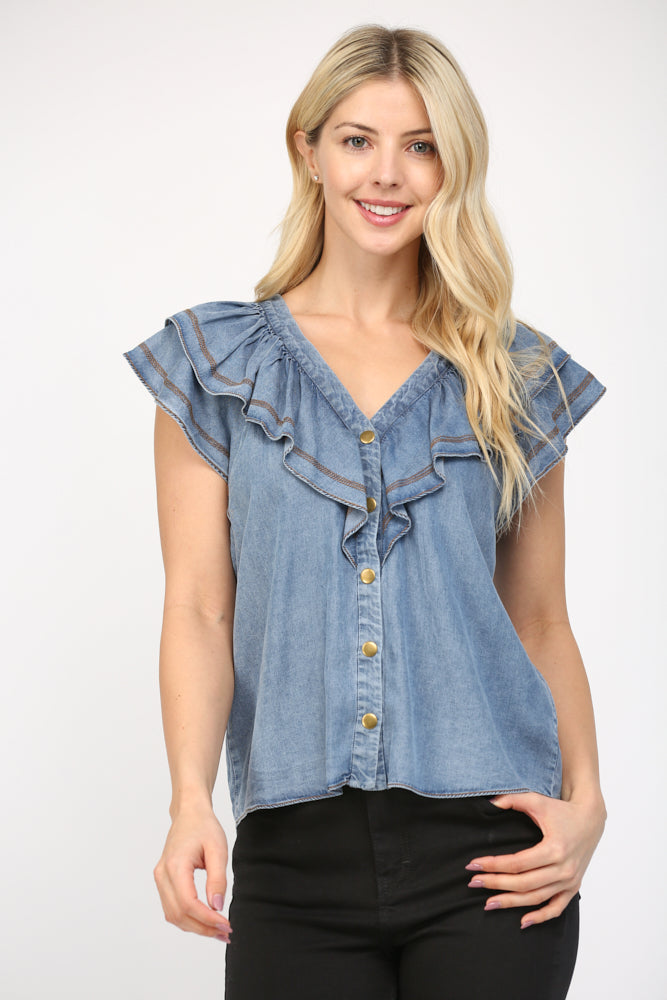 V Neck Ruffle Overlay Trim Blouse Indigo