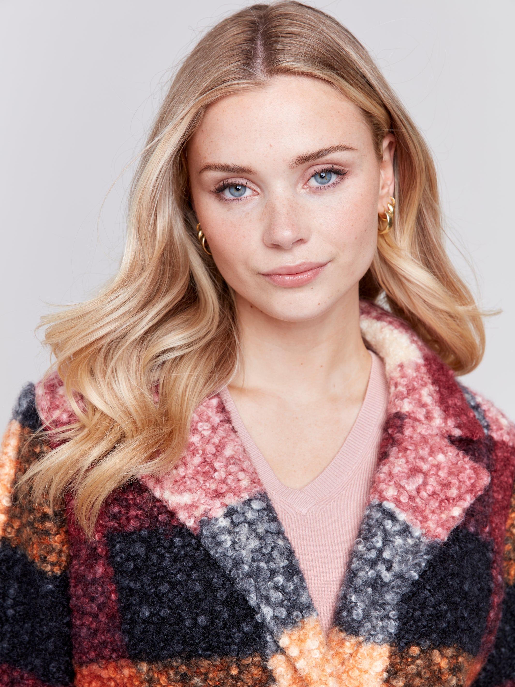 Plaid Boucle Knit Coat Cabernet
