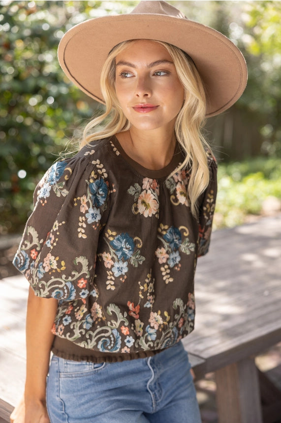 Vintage Embroidered Floral Elastic Hem Top