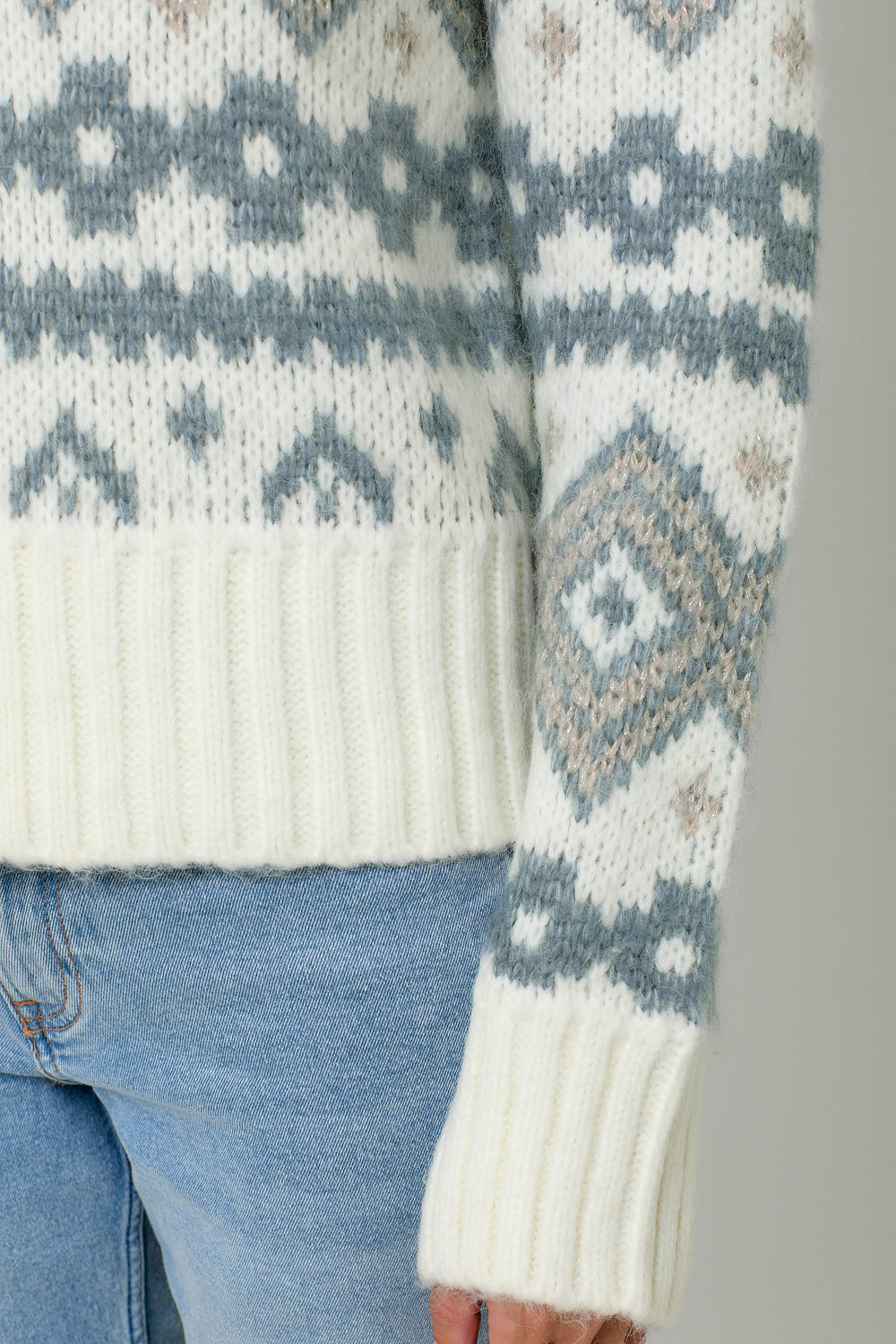 Oversize Fair Isle Mock Neck Sweater Ivory Mix