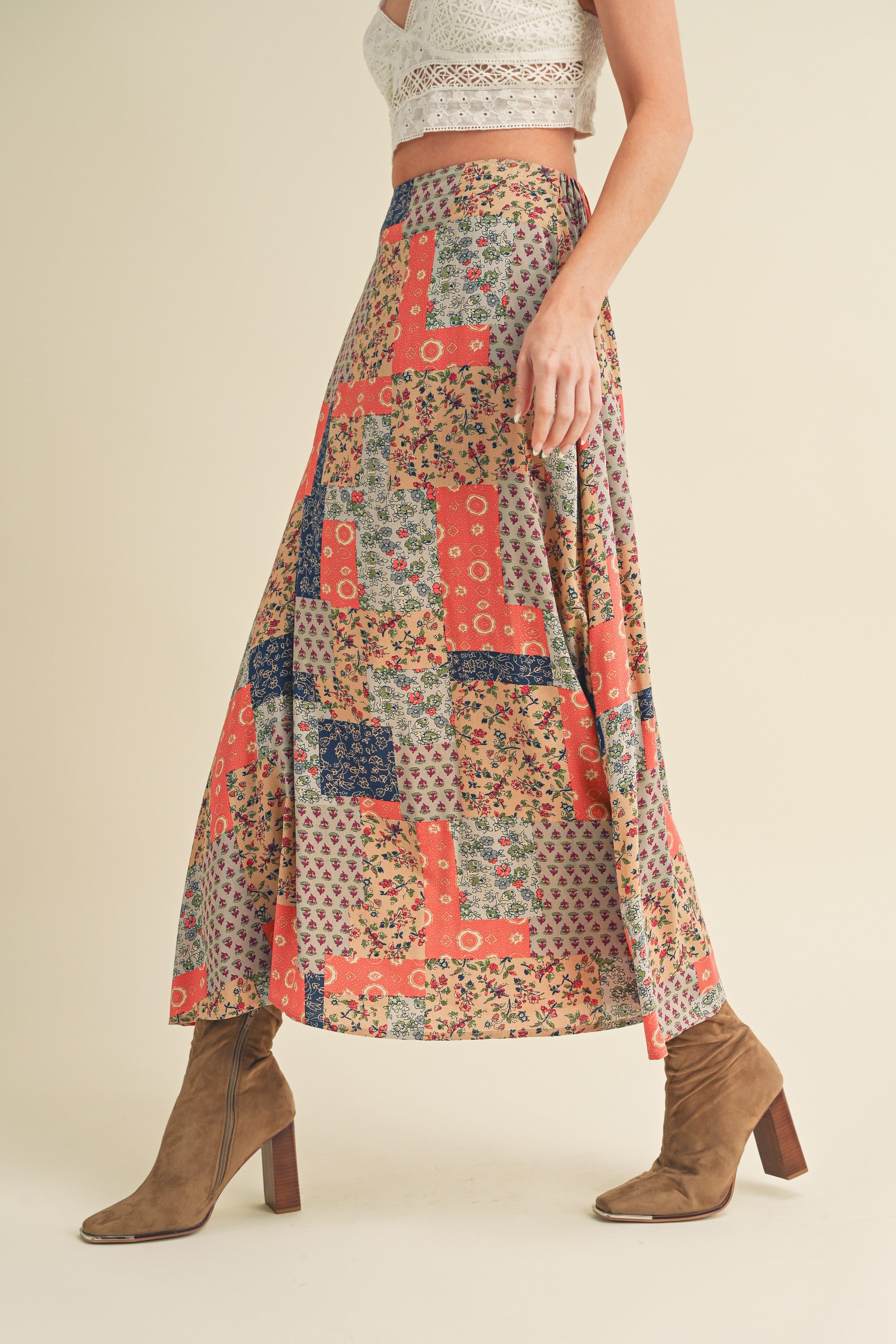 Brayden Patchwork Print Skirt Tan + Orange