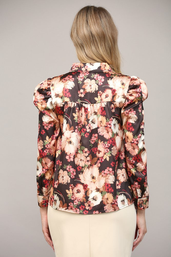 Floral Print Puff Sleeve Buttoned Blouse Black Multi