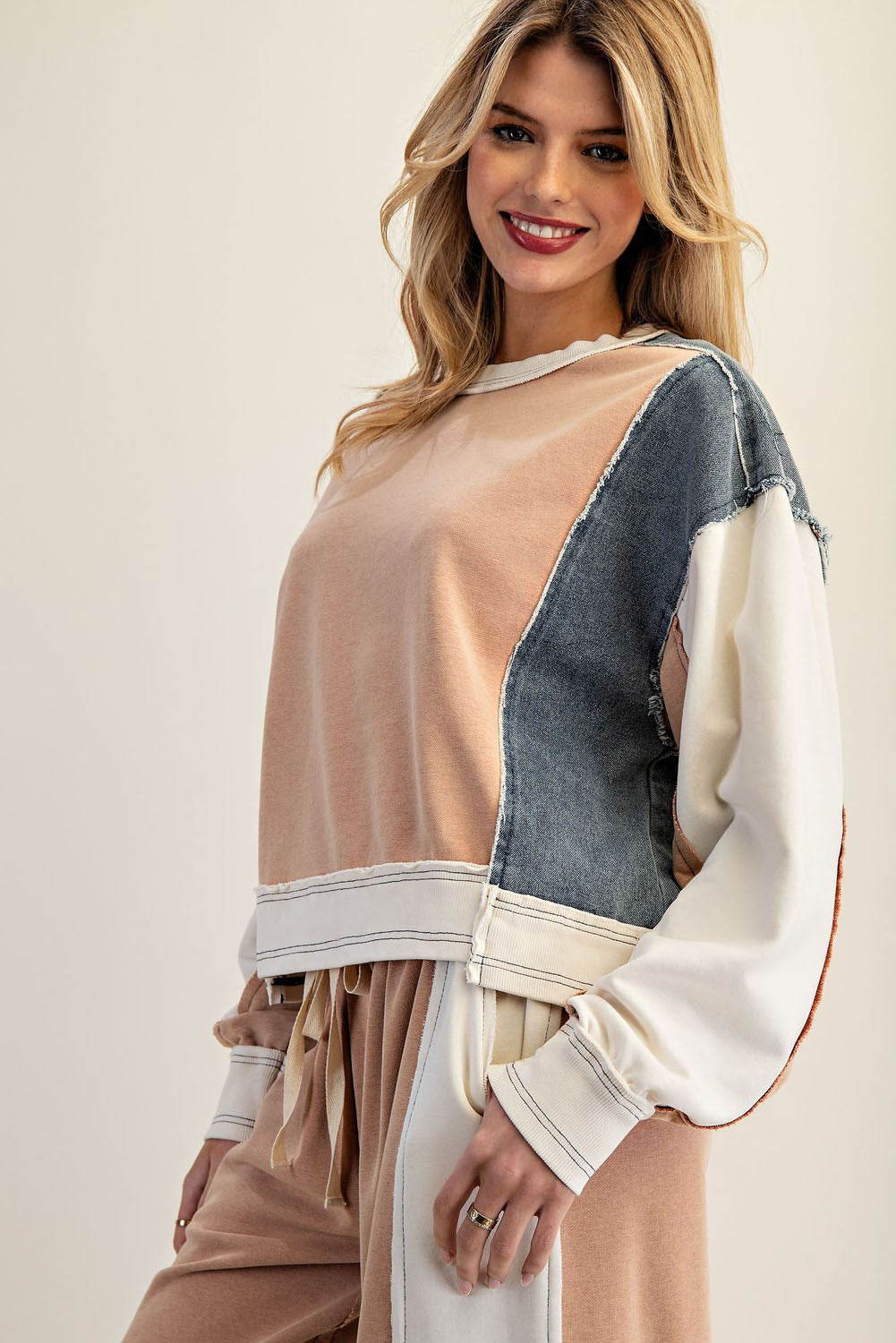 Frayed Colorblock Long Sleeve Pullover Cinnamon