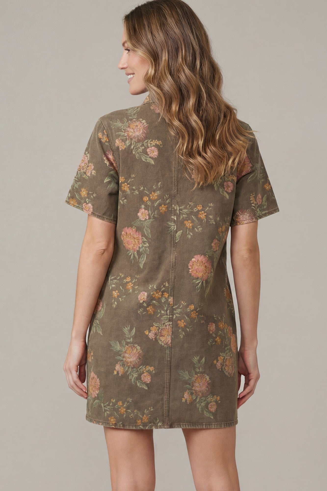 Printed Short Sleeve Button Down Dress Mocha Brown