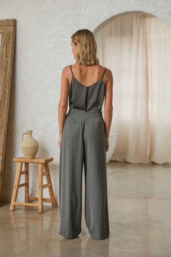 Lace Trim Satin Cami Tank Dark Olive