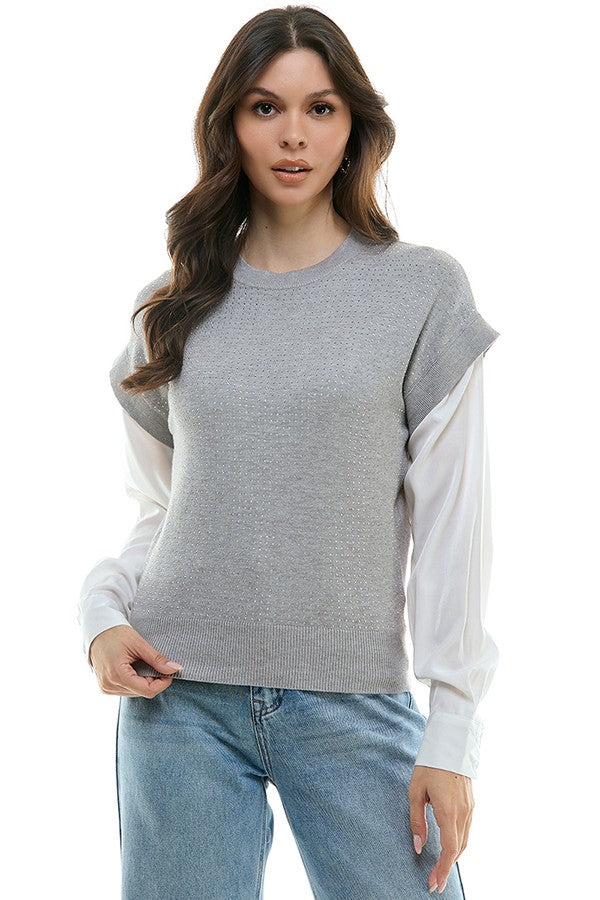 Crystal Studded Two Fer Sweater Top Heather Grey