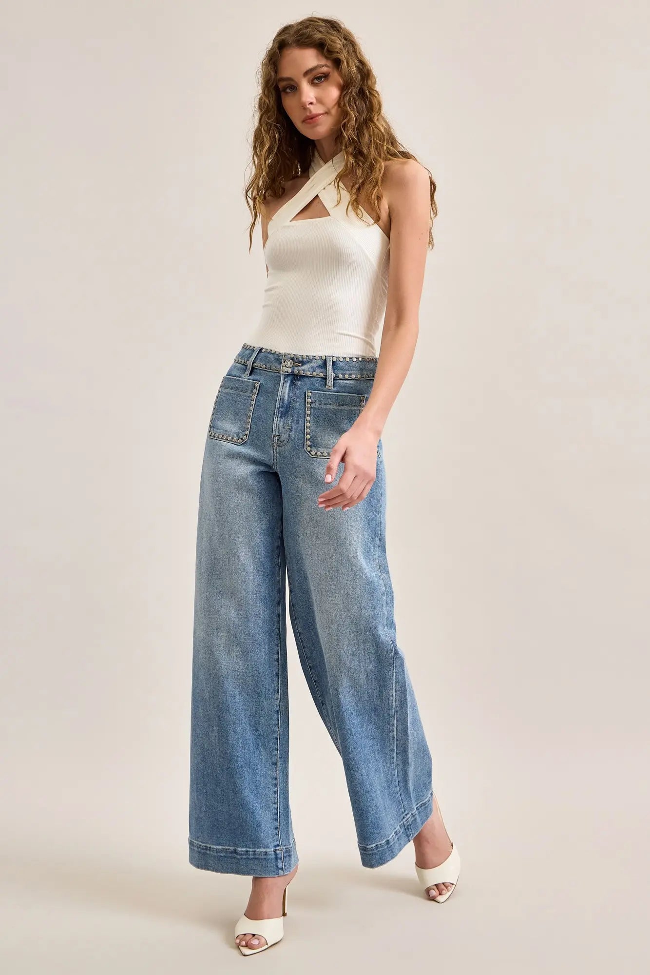 Nori High Rise Matte Silver Studded Jeans Super Light