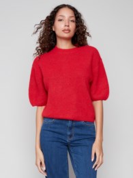 Solid Elbow Sleeve Balloon Shape Sweater Crimson