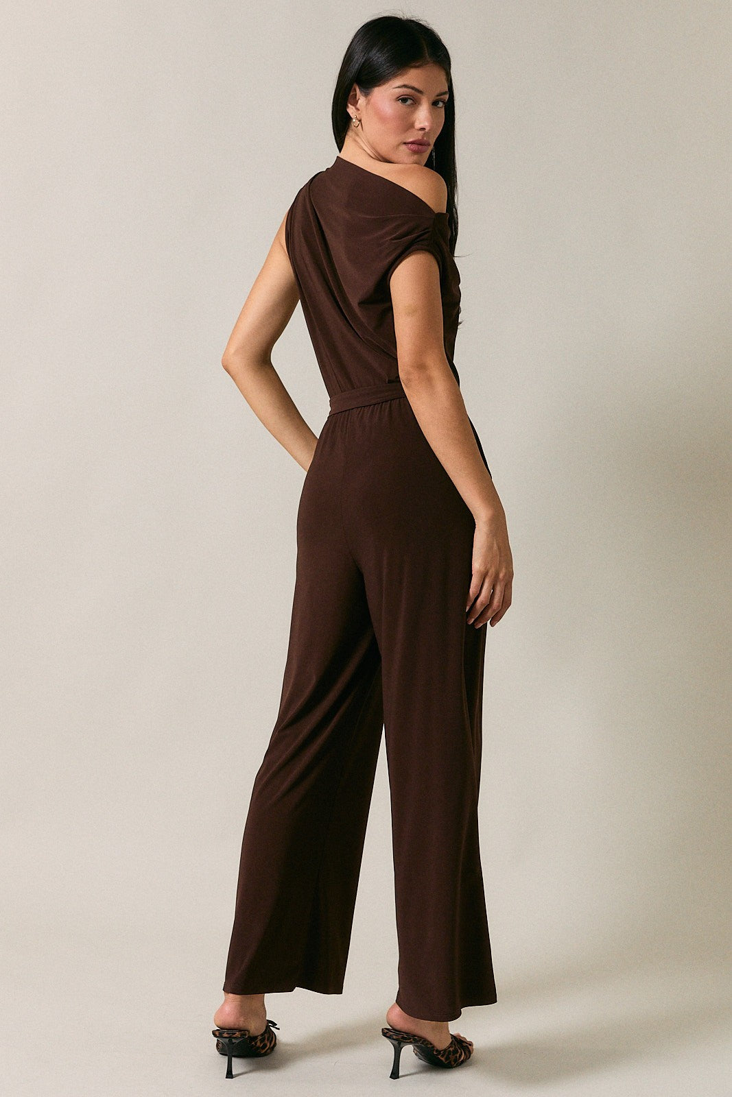 Asymmetric One Shoulder Tied Belt Jumpsuit Brown