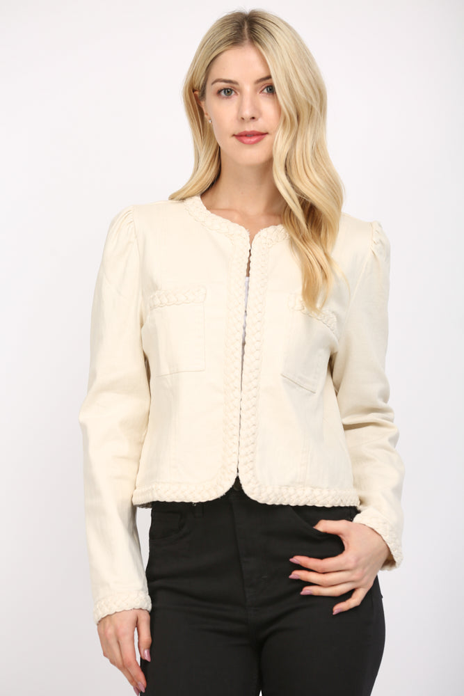 Braided Detail Puff Sleeve Denim Jacket Ecru