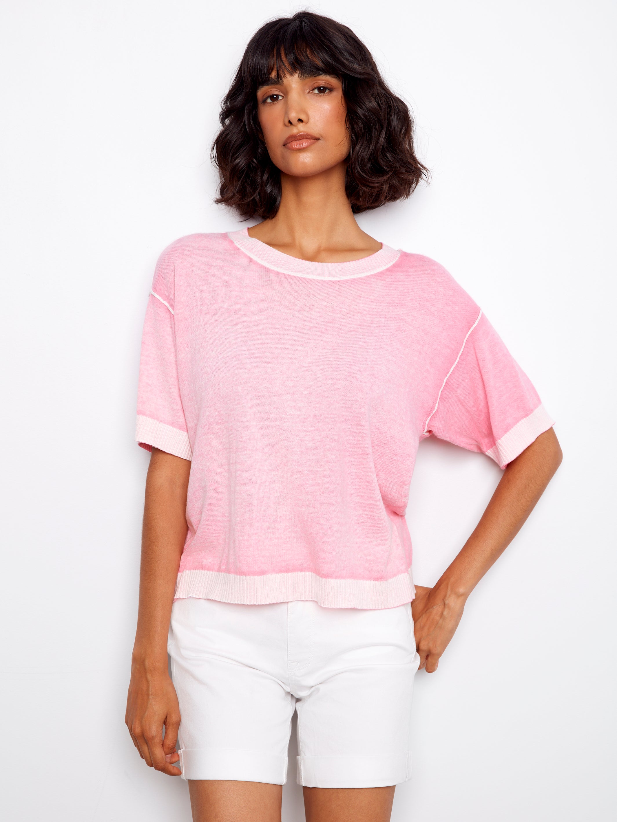 Reverse Print Short Sleeve Sweater Top Candy