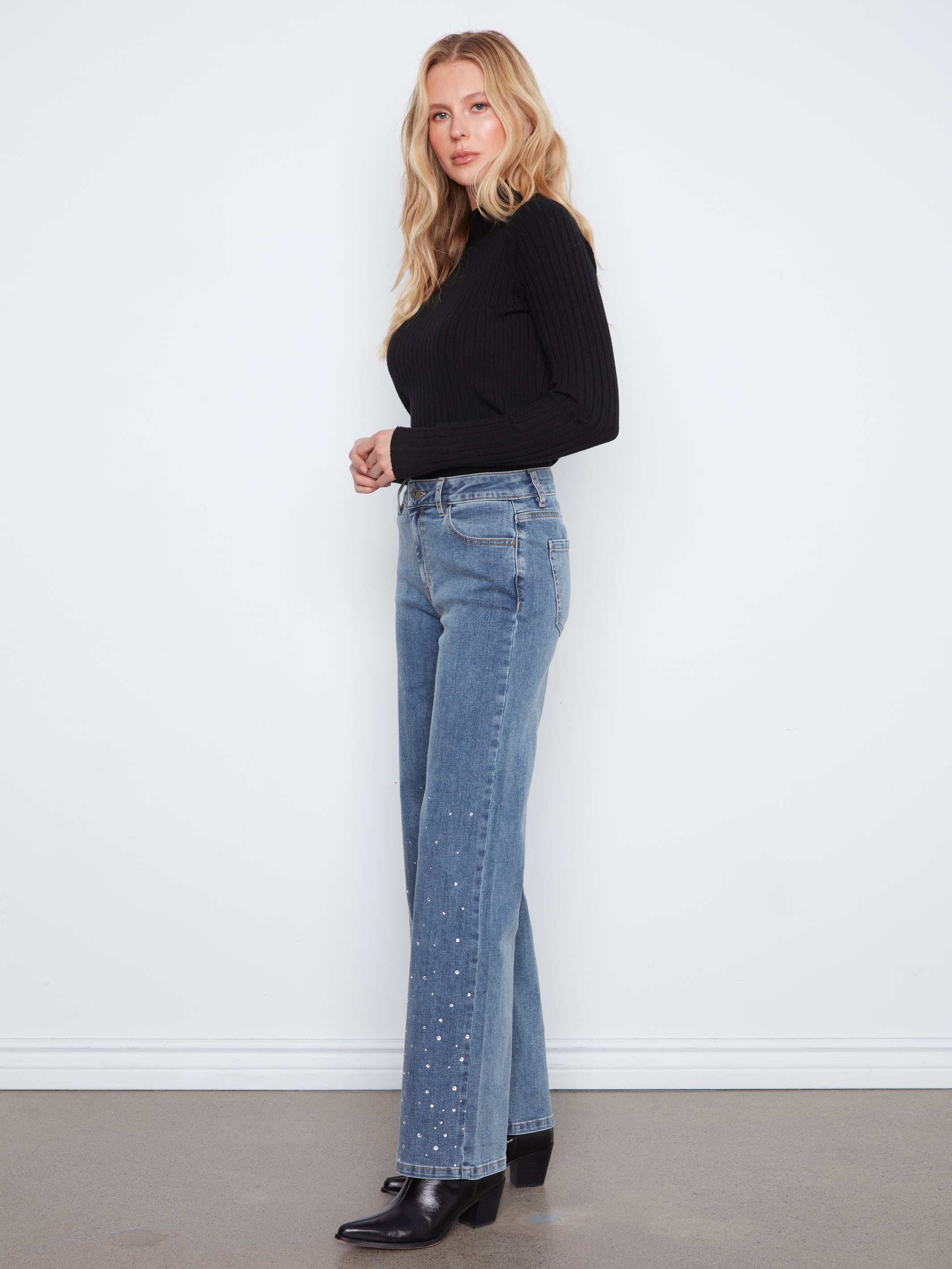 Rhinestone Wide Leg Stretch Jeans Medium Blue