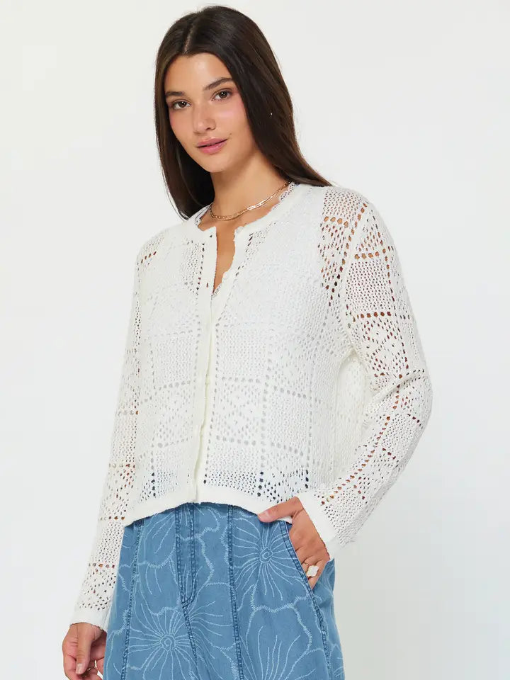 Open Knit Crew Neck Button Down Cardigan White