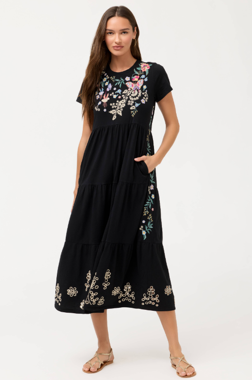 Arva Cap Sleeve Knit Eyelet Maxi Dress Black
