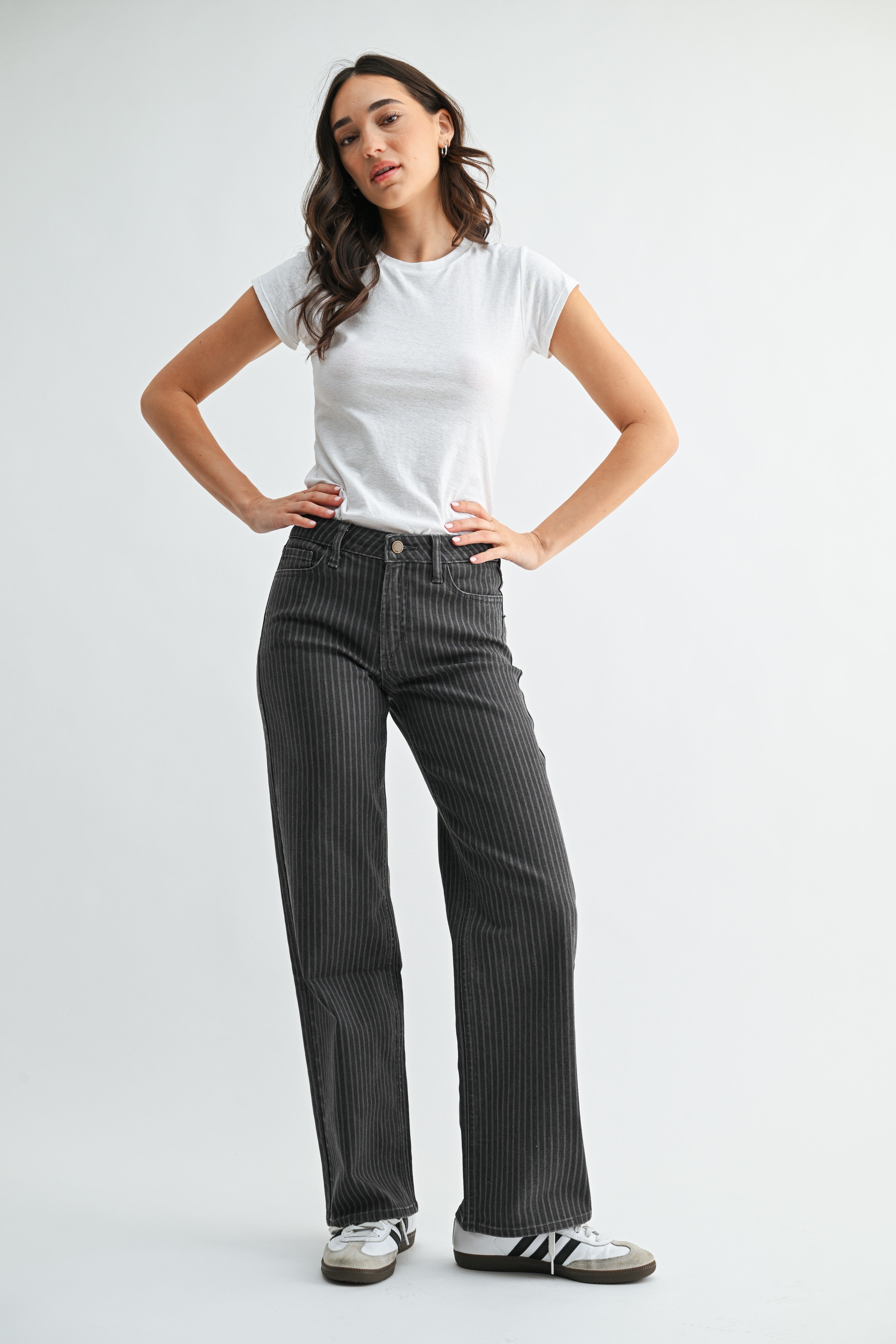 High Rise Full Length Straight Denim Pants Grey Stripe