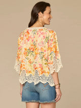 Peplum Crochet Scallop Hem Kimono Top Lemon Tangerine Multi
