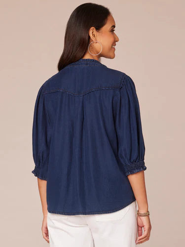 Cinched Sleeve Crochet Inset Button Down Shirt Indigo