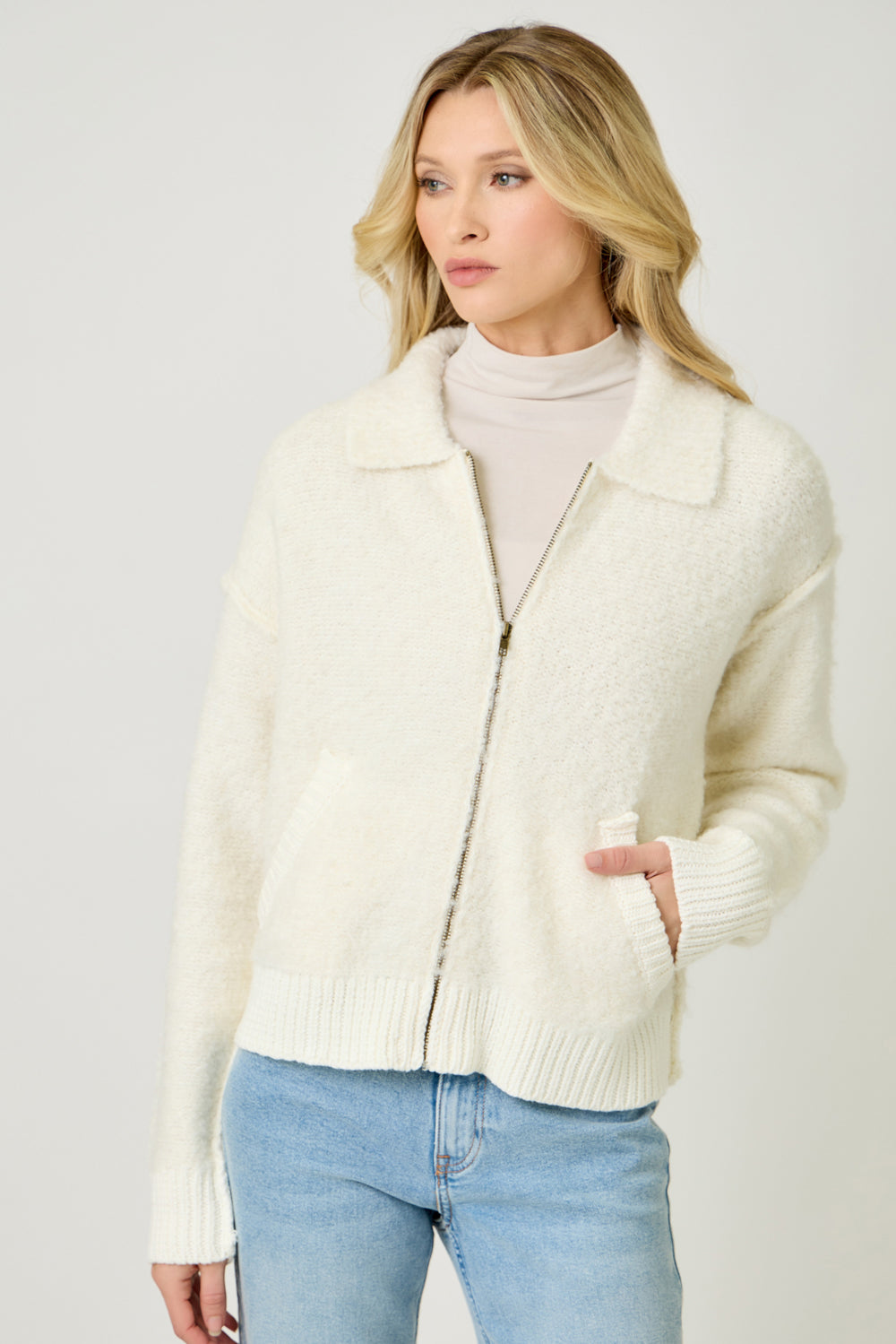 Zip Up Sweater Jacket Ivory