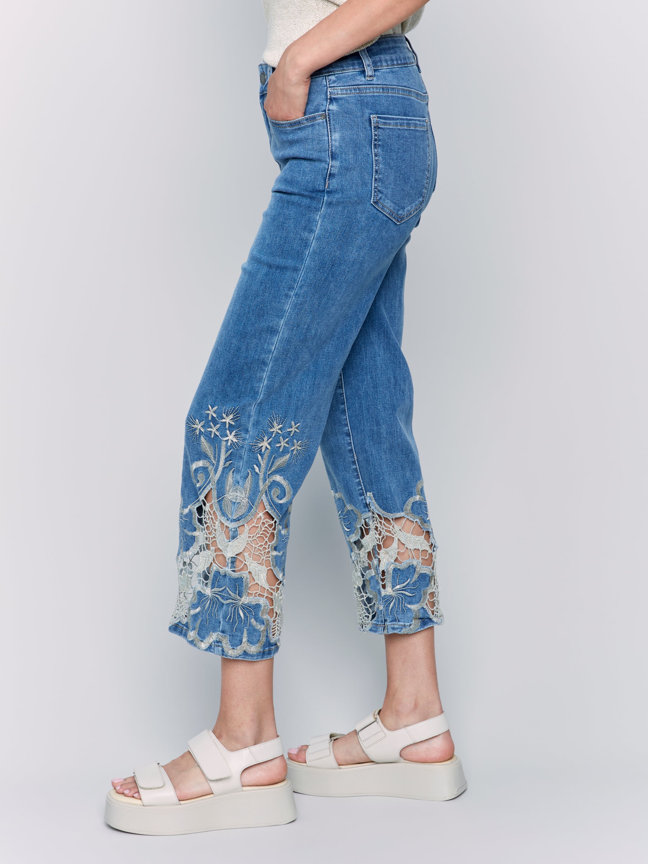 Open Lace Hem Detail Flare Leg Jeans Medium Blue