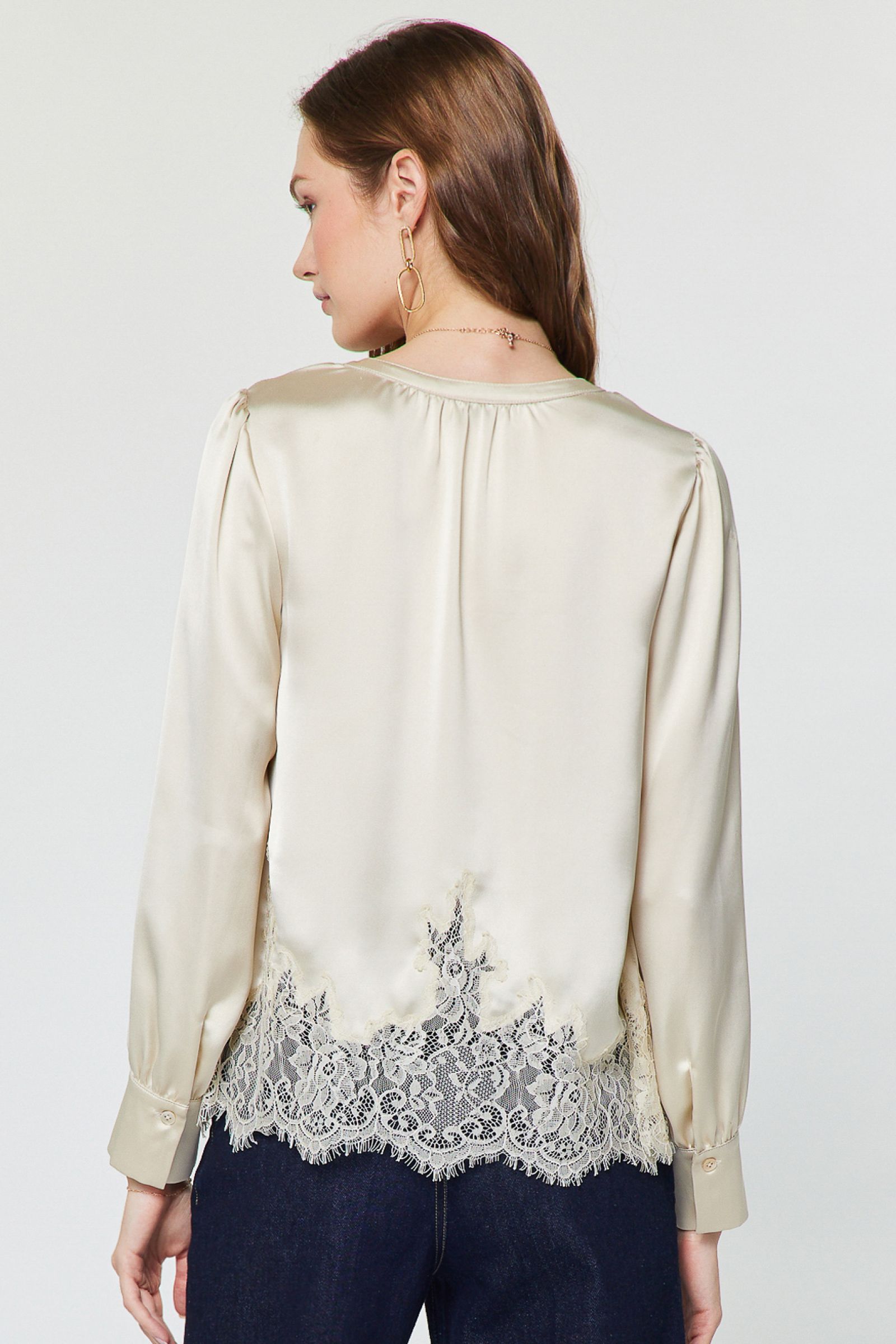 Lace Trim Satin Long Sleeve Blouse Ecru