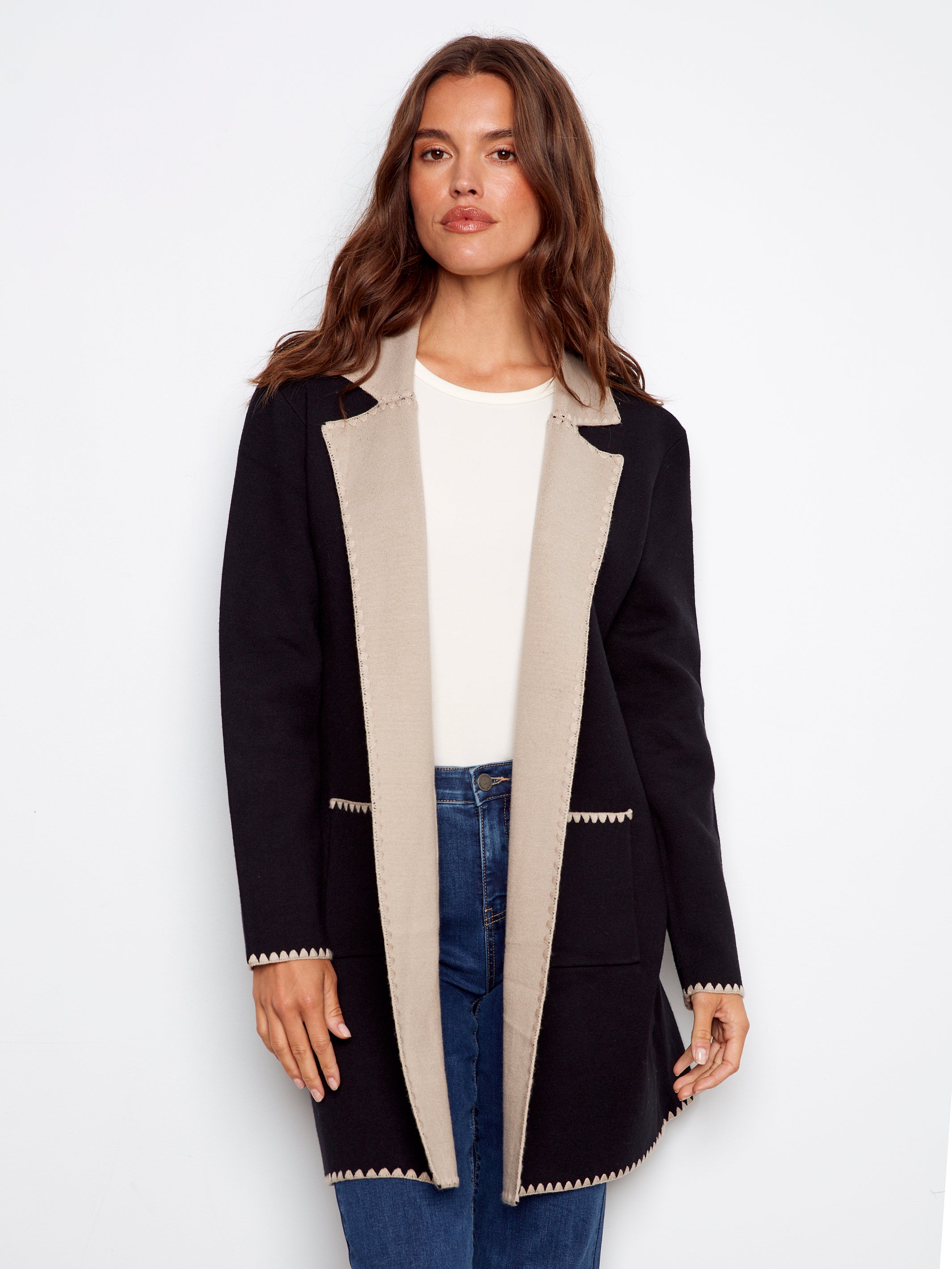 Two Tone Stitched Cardigan Black