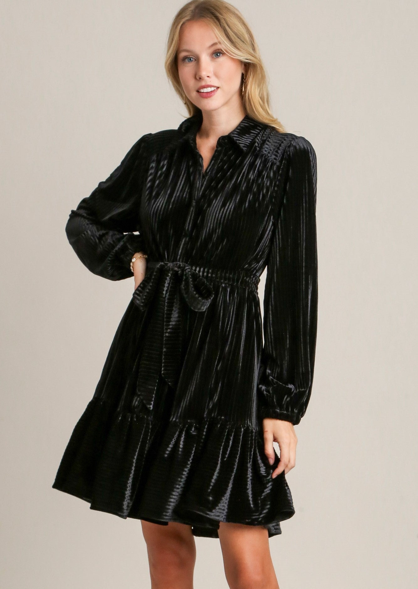 Textured Stripe Shirt Collared Dress Black