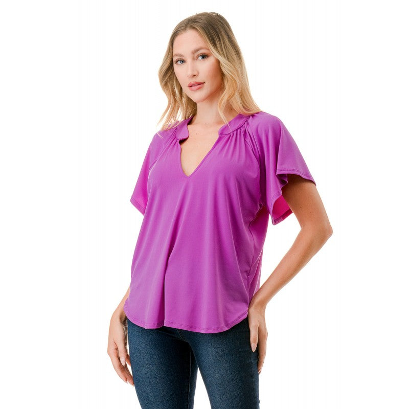 Flounce Sleeve Vneck Blouse Magenta