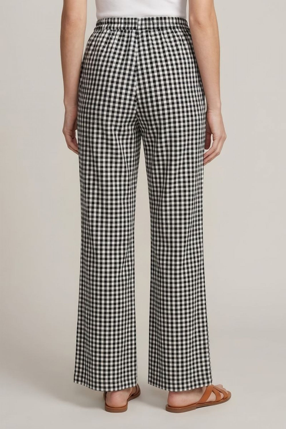 Gingham Wide Leg Elastic Waist Pants Black