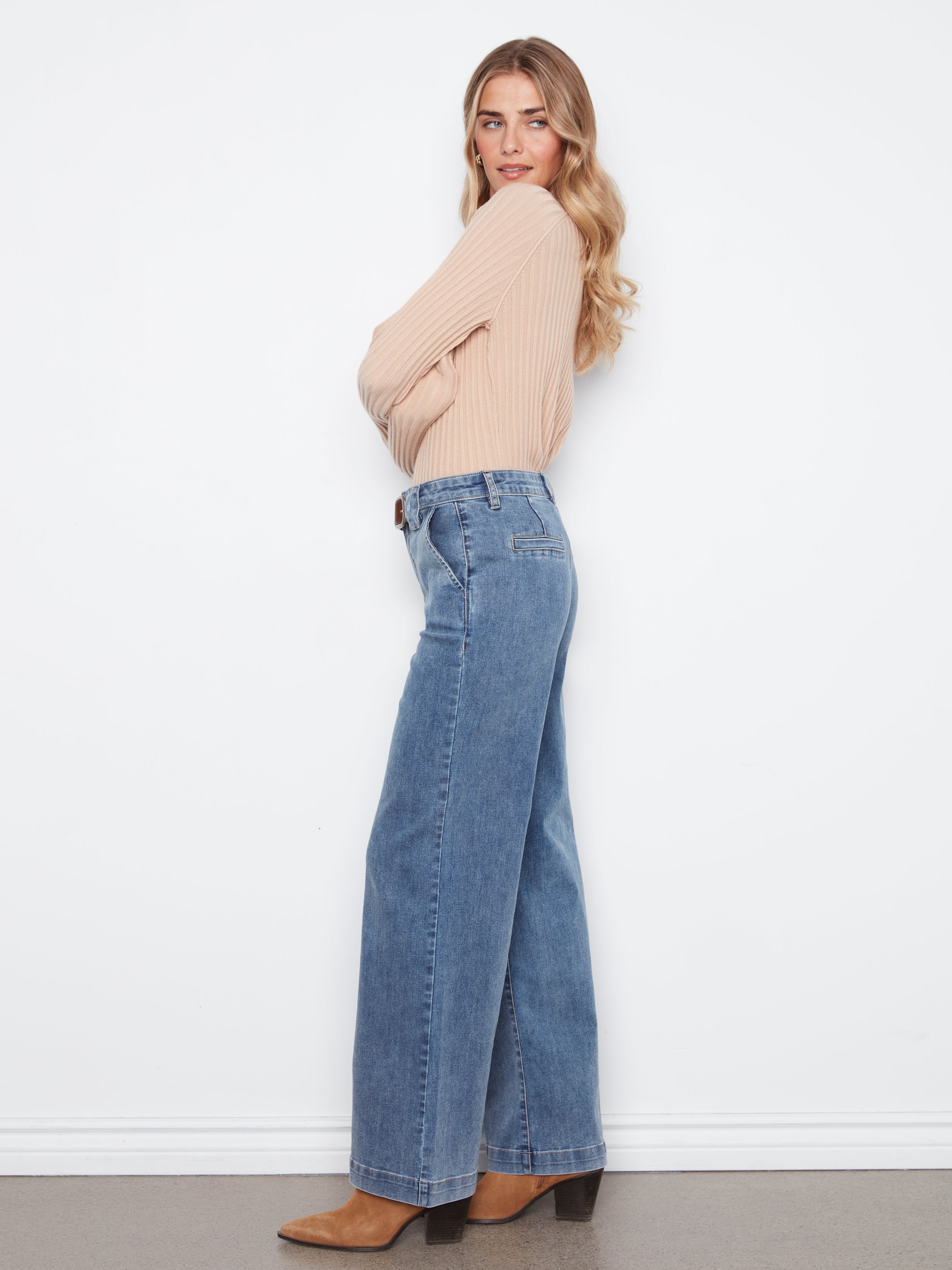 Removable Belt Flare Wide Leg Jeans Medium Blue