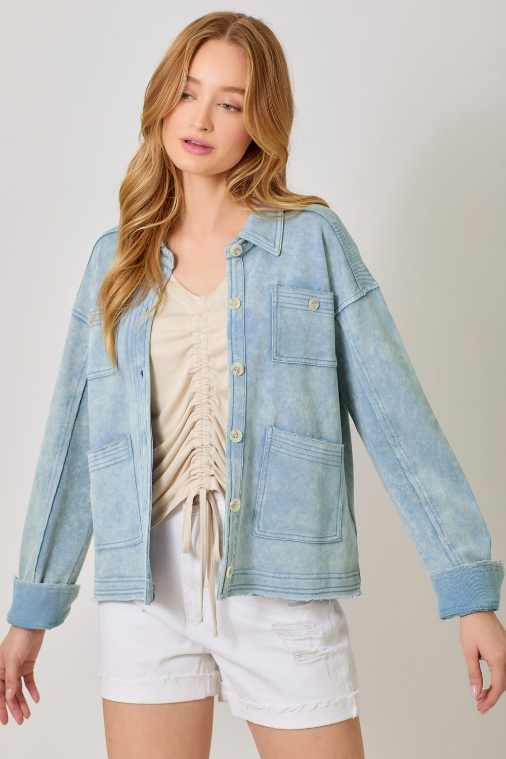 Mix Textured Washed Pockets Shacket Washed Denim Blue