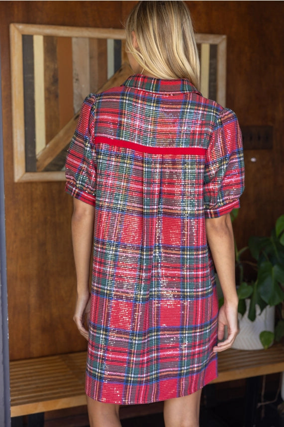 Tartan Plaid Sequin Puff Sleeve Dress